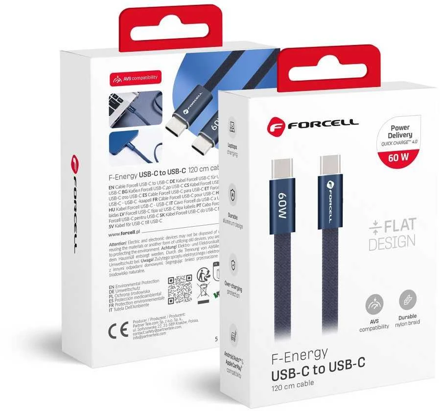 USB C į USB C laidas Forcell F-Energy QC4.0 PD 3A 60W Cafule Flat 1,2 CCFN23 m tamsus mėlynas
