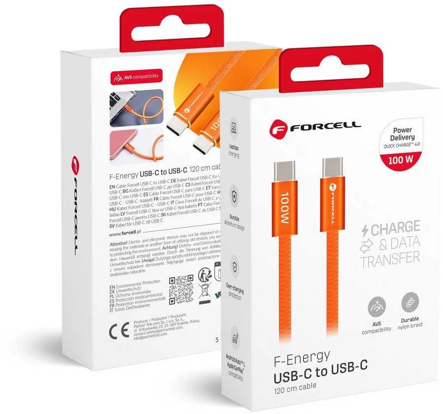 USB C į USB C laidas Forcell F-Energy QC4.0 PD 5A 100W Cafule Flat 1,2 m CCFN23 oranžinis