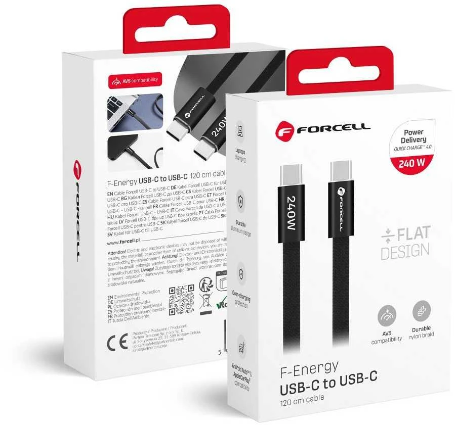 USB C į USB C laidas Forcell F-Energy QC4.0 PD 5A 240W Cafule Flat 1,2 m CCFN23 juodas