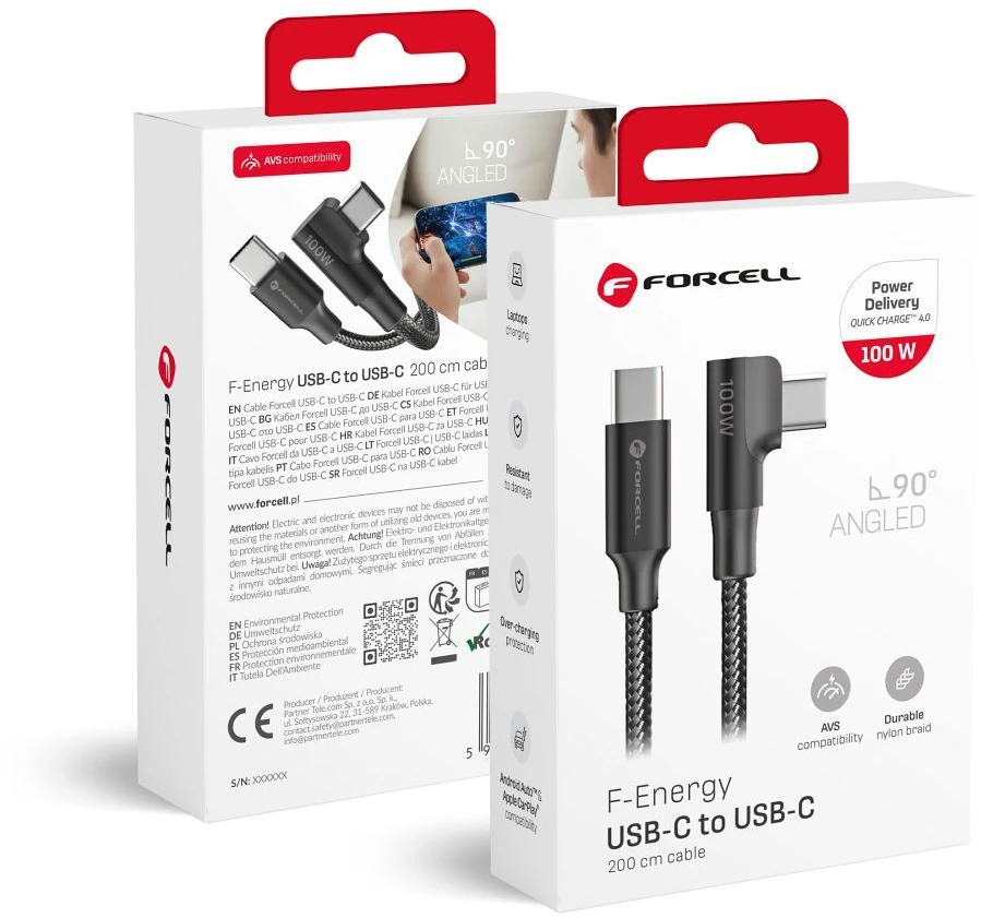 USB C į USB C laidas Forcell F-Energy QC4.0 PD 5A 100W Cafule 90° 2 m CC-1Deg juodas