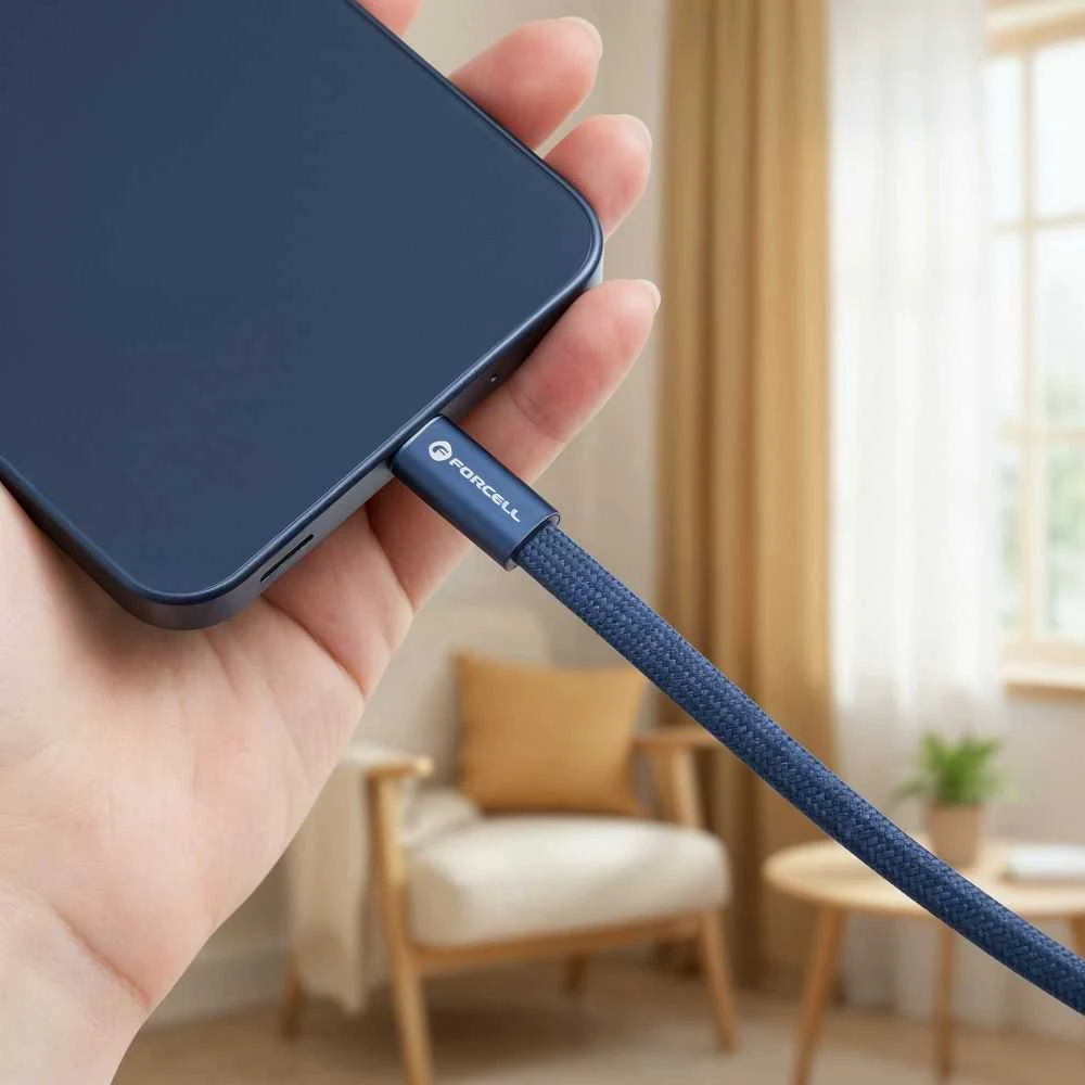 USB C į USB C laidas Forcell F-Energy QC4.0 PD 3A 60W Cafule Flat 1,2 CCFN23 m tamsus mėlynas