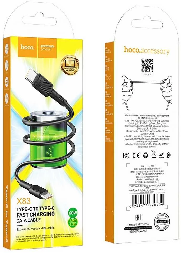 USB kabelis Hoco X83 60W Type-C to Type-C 1.0m juodas