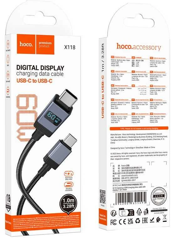 USB C laidas į USB C Hoco 3A 60W su ekranu 1 m X118 juodas