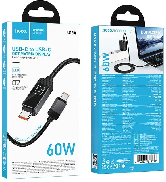 USB C į USB C laidas Hoco 3A 60 W su Dpot Matrix LCD 1 m U154 juodas