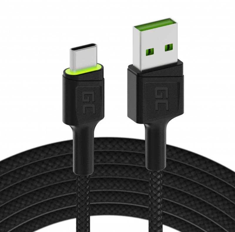 Green Cell Žalias Cell GREENCELL KABGC06 kabelis Žalias Cell Ray USB laidas - USB-C 120cm su žalias LED apšvietimu ir atrama