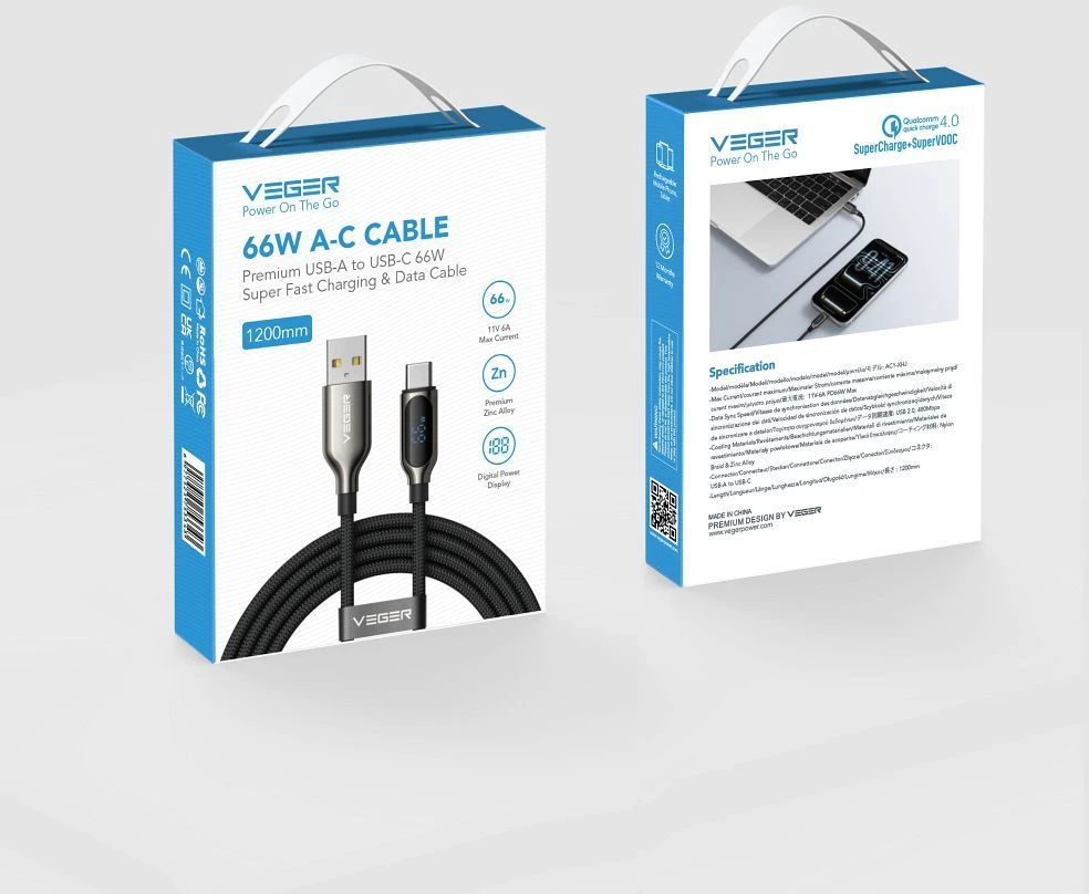 Kabelis su LED šviesos indikatoriumi, C tipo į C tipo VEGER PD 5A 100W CC1-ZSD, 1,5 m, juodas