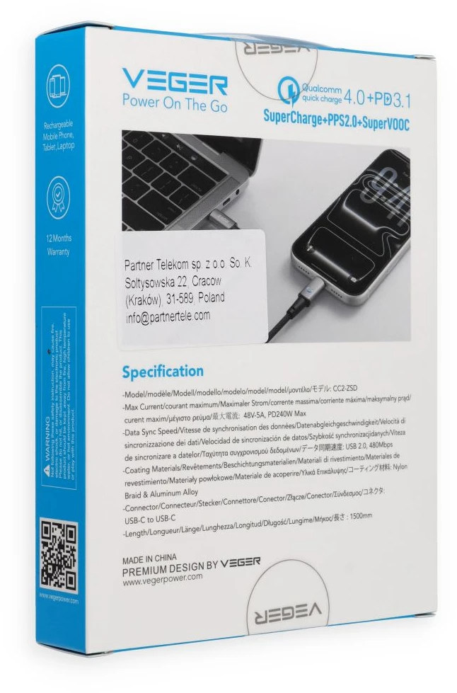 Kabelis su LED šviesos indikatoriumi, C tipo į C tipo VEGER PD 5A 240W CC2-ZSD 1,5 m juodas