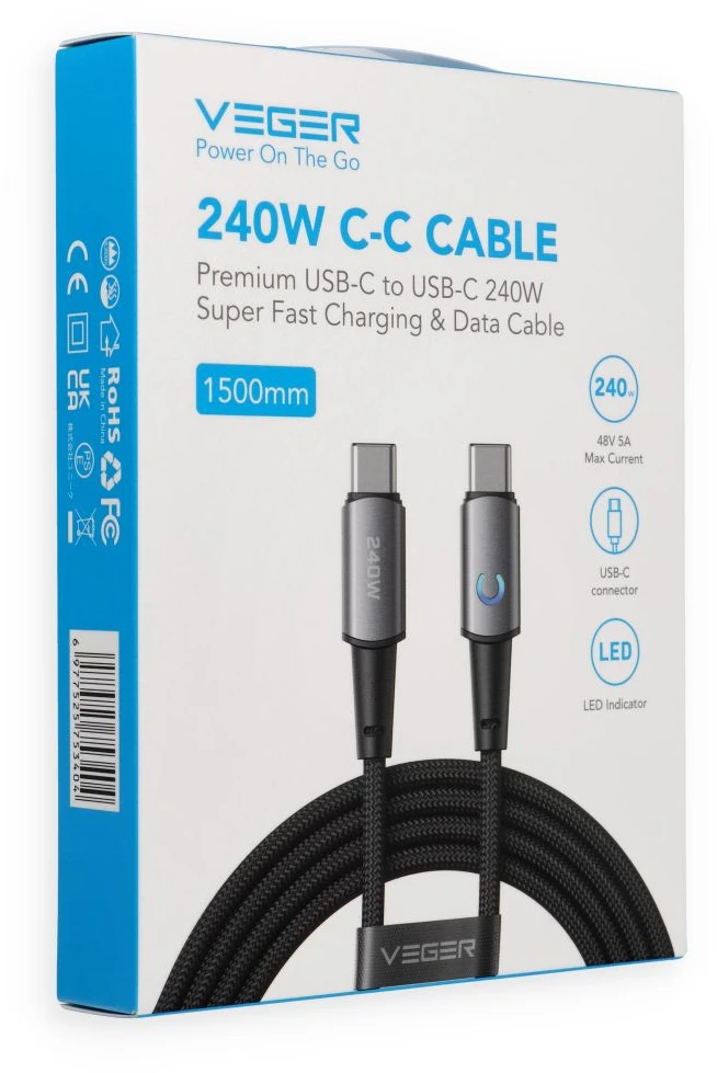 Kabelis su LED šviesos indikatoriumi, C tipo į C tipo VEGER PD 5A 240W CC2-ZSD 1,5 m juodas