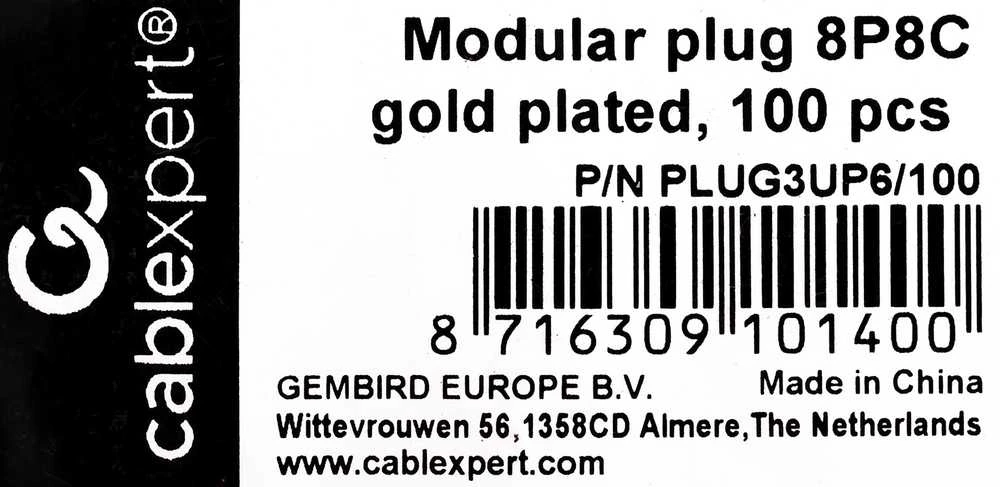 GEMBIRD PLUG3UP6/100modulinis LAN kištukas 6u auksinis padengtas - rinkinyje 100 vnt.