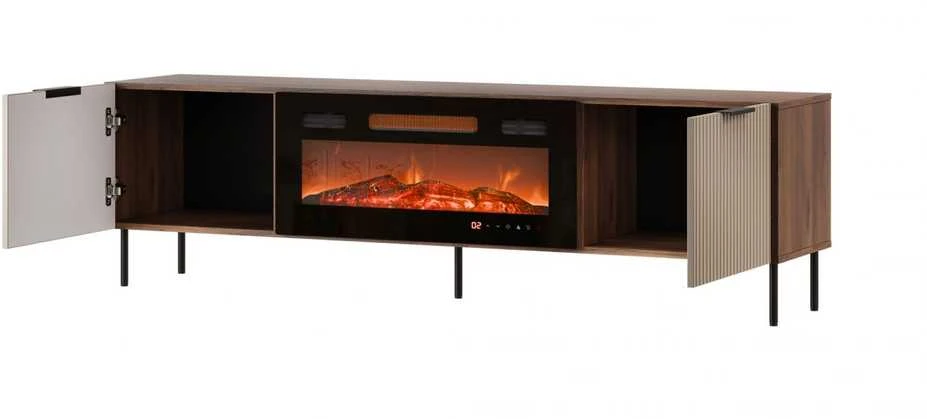 Laikiklis Cama Meble ALMERA TV cabinet 180.5x42x52.5 walnut/cashmere + juodas fireplace