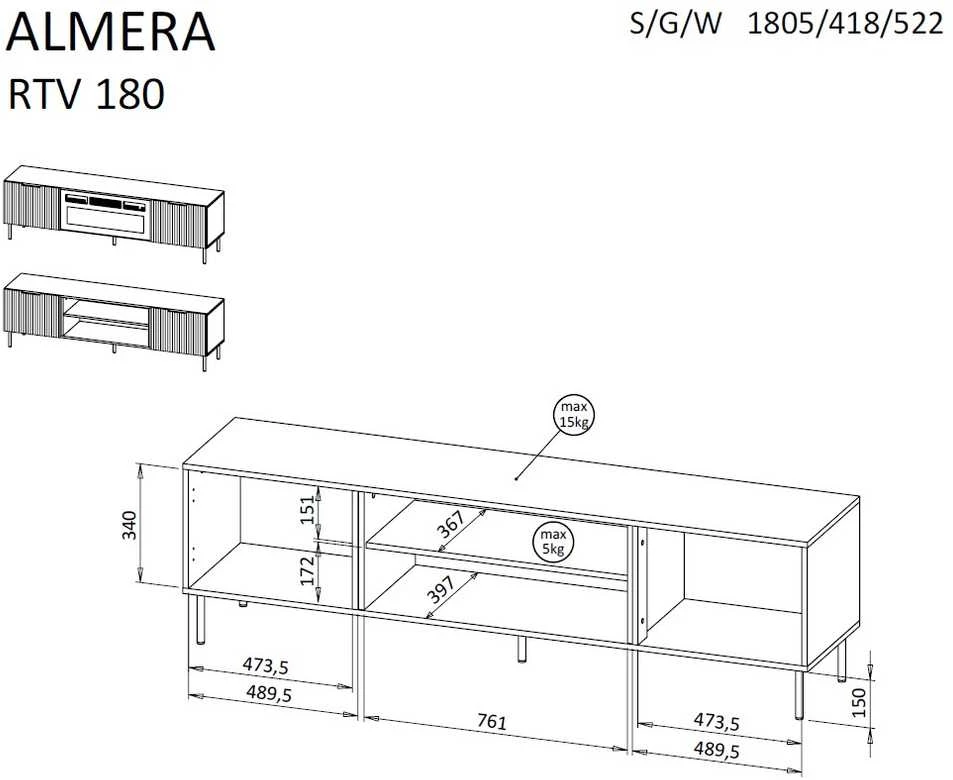 Laikiklis Cama Meble ALMERA TV cabinet 180.5x42x52.5 walnut/cashmere + juodas fireplace