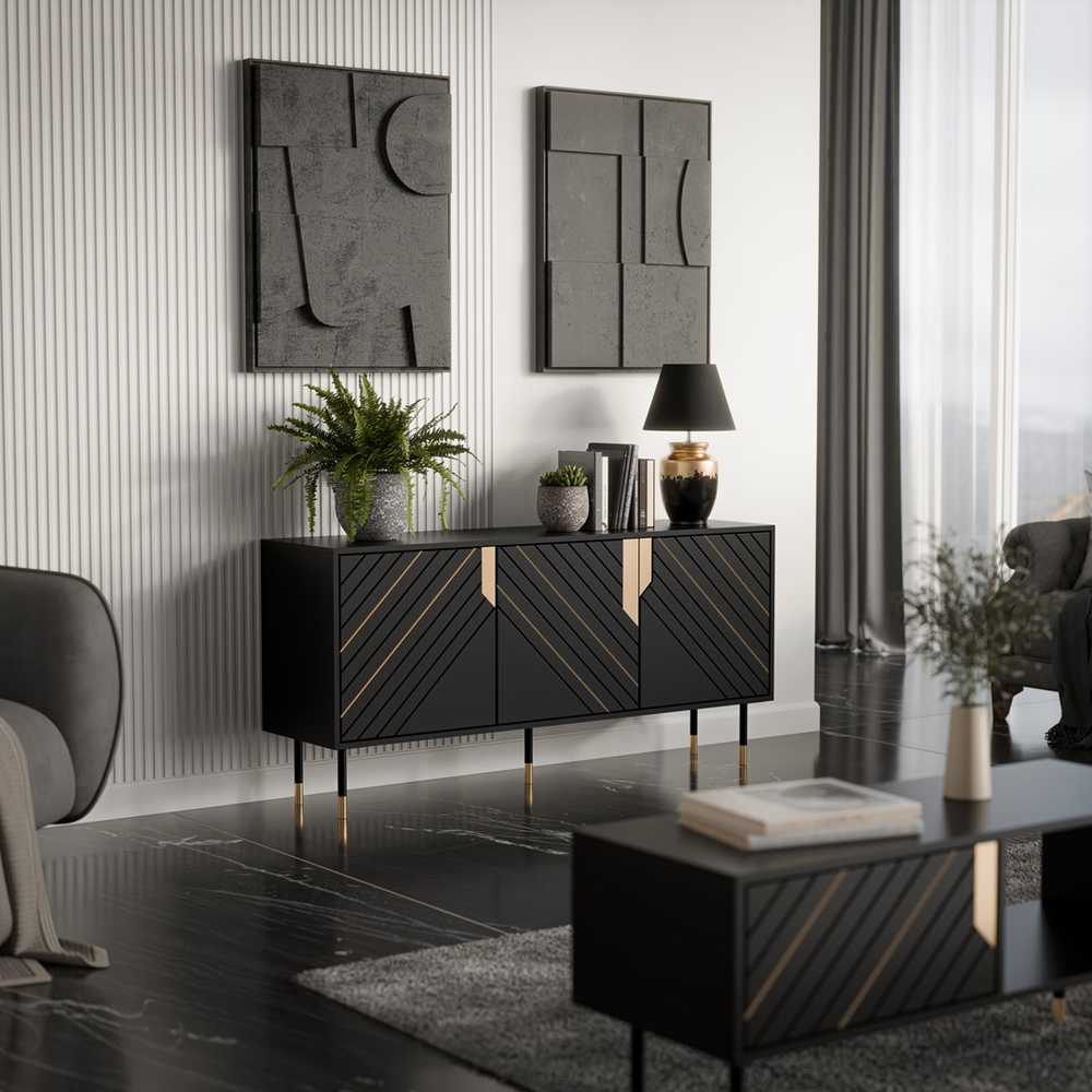 Cama Meble Cama 3D MOUNTAIN chest of drawers 154x40x72 juodas + auksinis