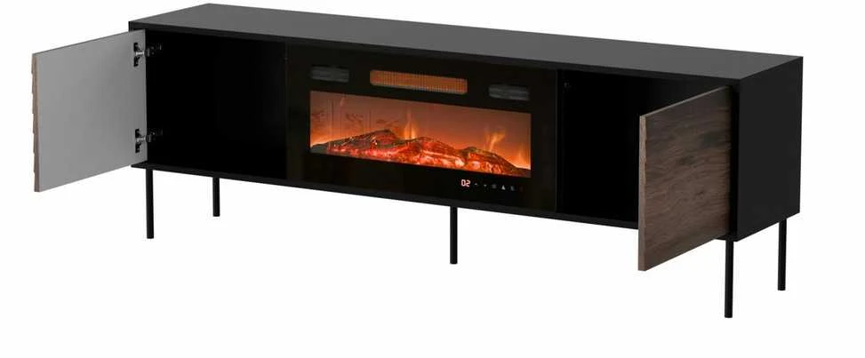 Cama Meble Cama CORTINA TV cabinet 180x40x60 juodas/walnut + juodas fireplace
