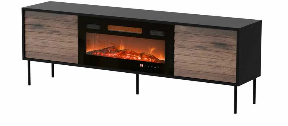 Cama Meble Cama CORTINA TV cabinet 180x40x60 juodas/walnut + juodas fireplace