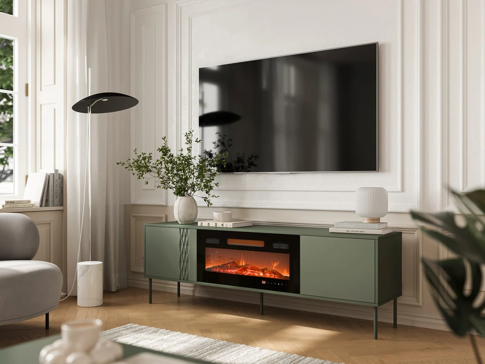 Cama Meble Cama RTV cabinet EF + fireplace juodas TRESSE 180x40x54.5 matte žalias