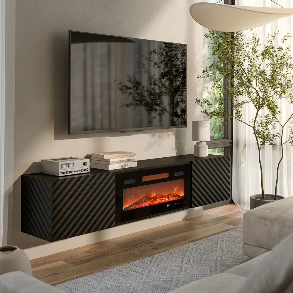 Laikiklis Cama Meble Televizoriaus Spintelė - Cama Lara 183x35x37 Juoda Matinė Su Židiniu