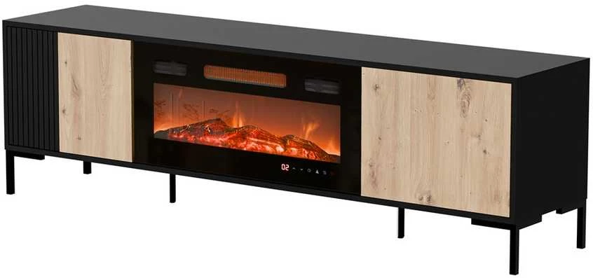 Laikiklis Cama Meble Televizoriaus Spintelė - Cama Merci 180 x 40 x 53,5 cm Juoda/Ąžuolas Artisan + Židinys