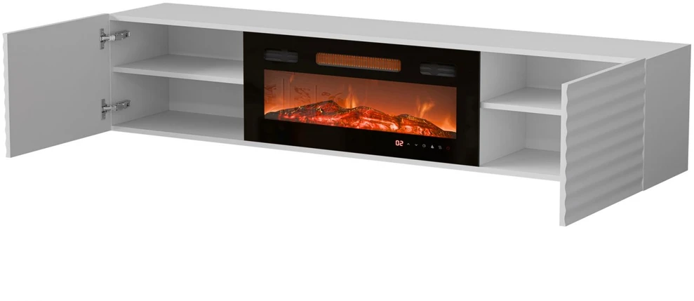 Laikiklis Cama Meble Televizorius - Smeg Cama RTV Spintelė 183x35x37 Balta Matinė + Juodas Židinys