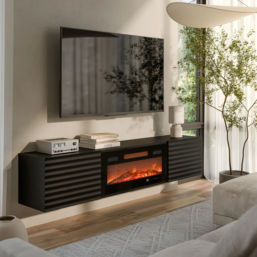 Laikiklis Cama Meble Televizoriaus spintelė - Cama Tula 183x35x37 Juoda Matinė + Juodas Židinys