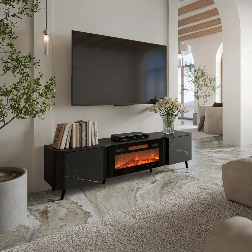 Laikiklis Cama Meble RTV spintelė - Cama Volare elektrinė židinys 200cm juoda/San Sebastian