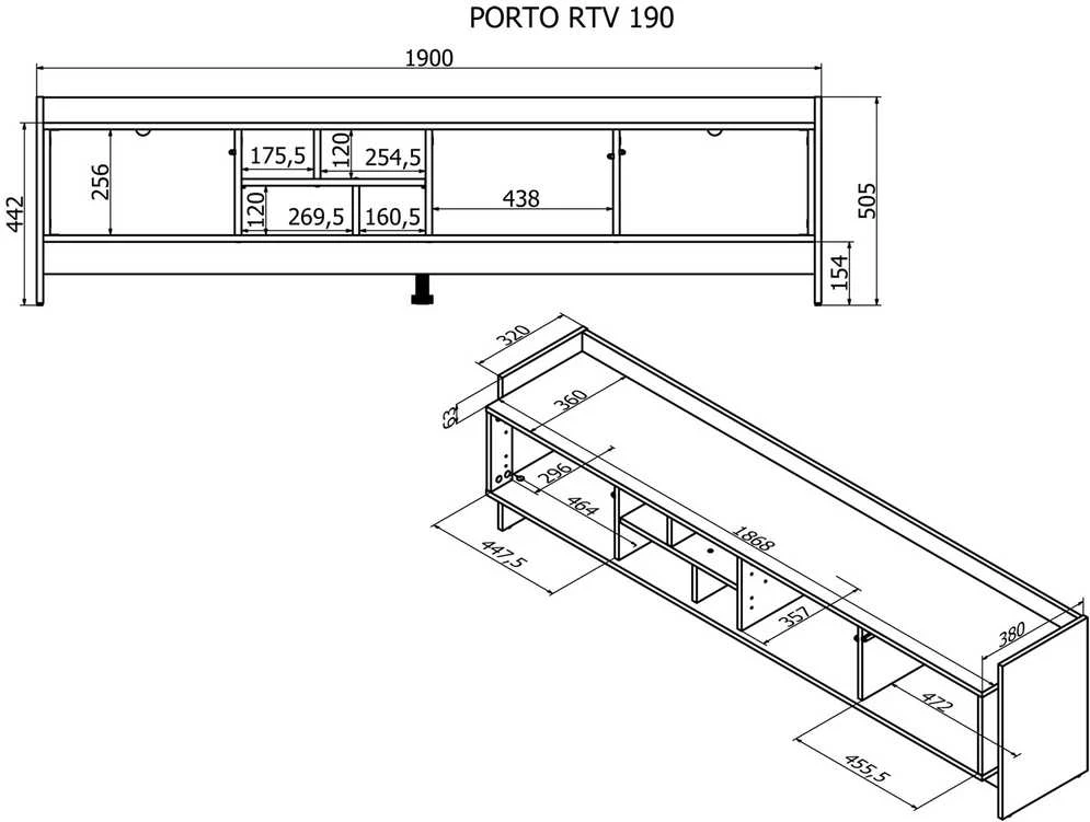 Laikiklis Cama Meble Cama RTV PORTO 3D cabinet 190x38x50 oak/juodas