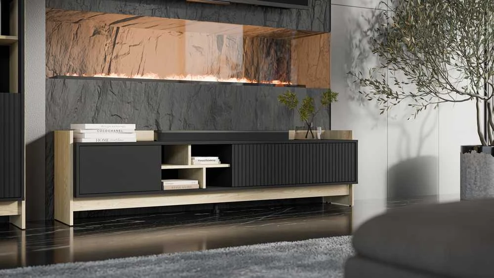 Laikiklis Cama Meble Cama RTV PORTO 3D cabinet 190x38x50 oak/juodas