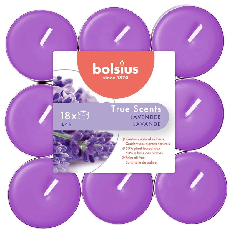 Žvakė, aromatinė Bolsius Lavandų, 4 h, 18 vnt.