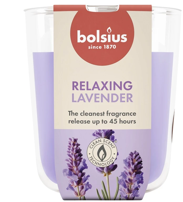 Žvakė, aromatinė Bolsius Relaxing Lavender, 45 h, Violetinė