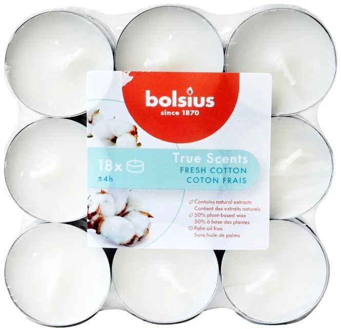 Žvakė, aromatinė Bolsius Fresh Cotton, 4 h, 18 vnt., Balta