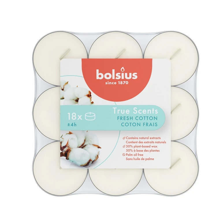Žvakė, aromatinė Bolsius Fresh Cotton, 4 h, 18 vnt., Balta