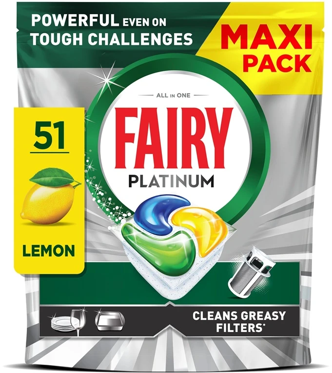 Indaplovių tabletės Fairy Platinum All In One Lemon, 51 vnt.