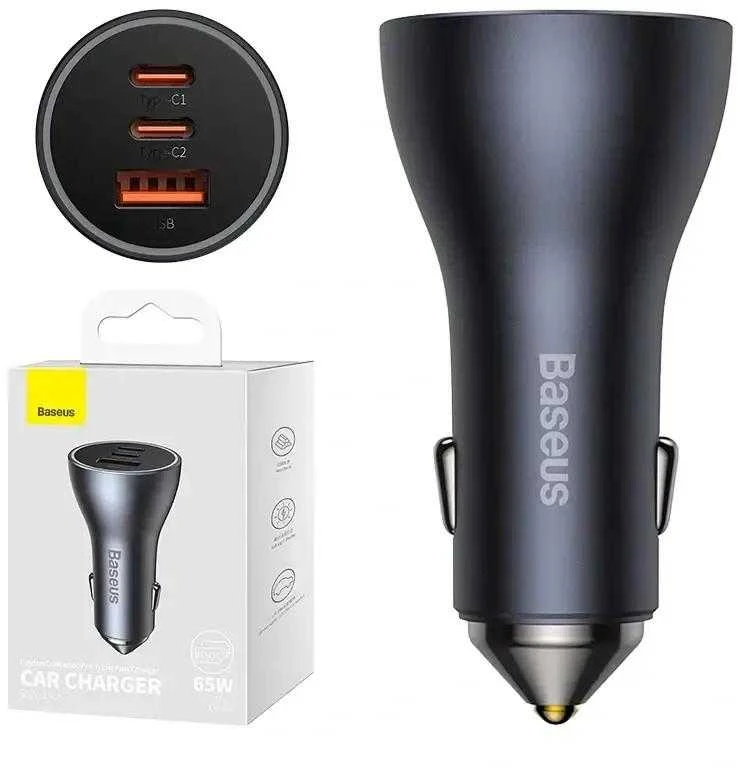 Baseus Automobilinis įkroviklis 12-24V 65W USB + 2xUSB-C QC4+ PD3.0, pilkas