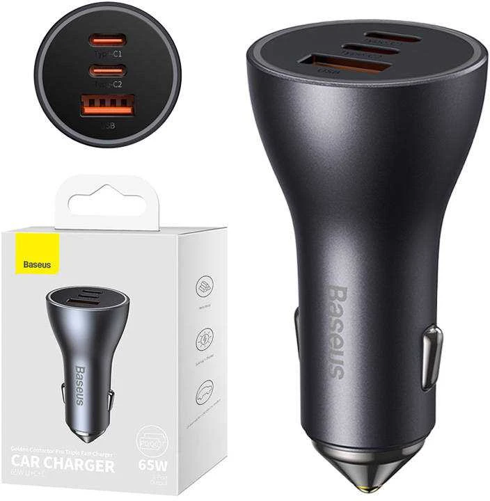 Baseus Automobilinis įkroviklis 12-24V 65W USB + 2xUSB-C QC4+ PD3.0, pilkas