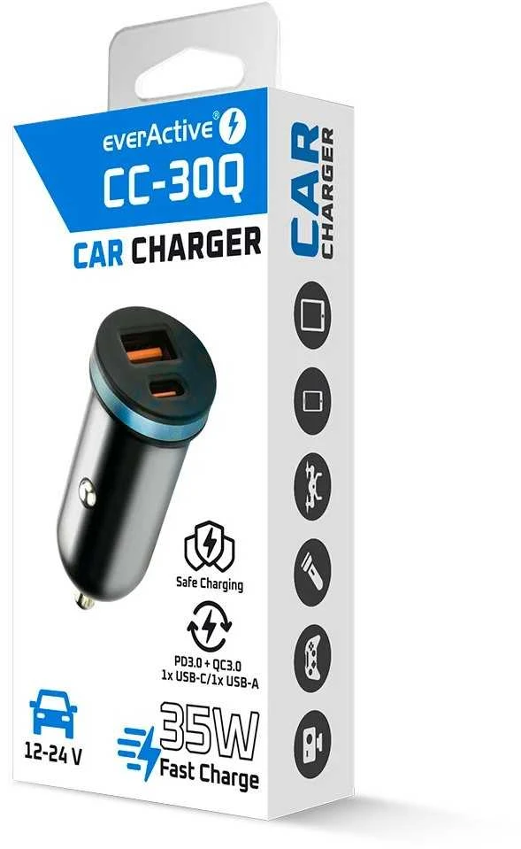 Automobilinis įkroviklis everActive CC-30Q USB + USB-C QC 3.0 PD 35W