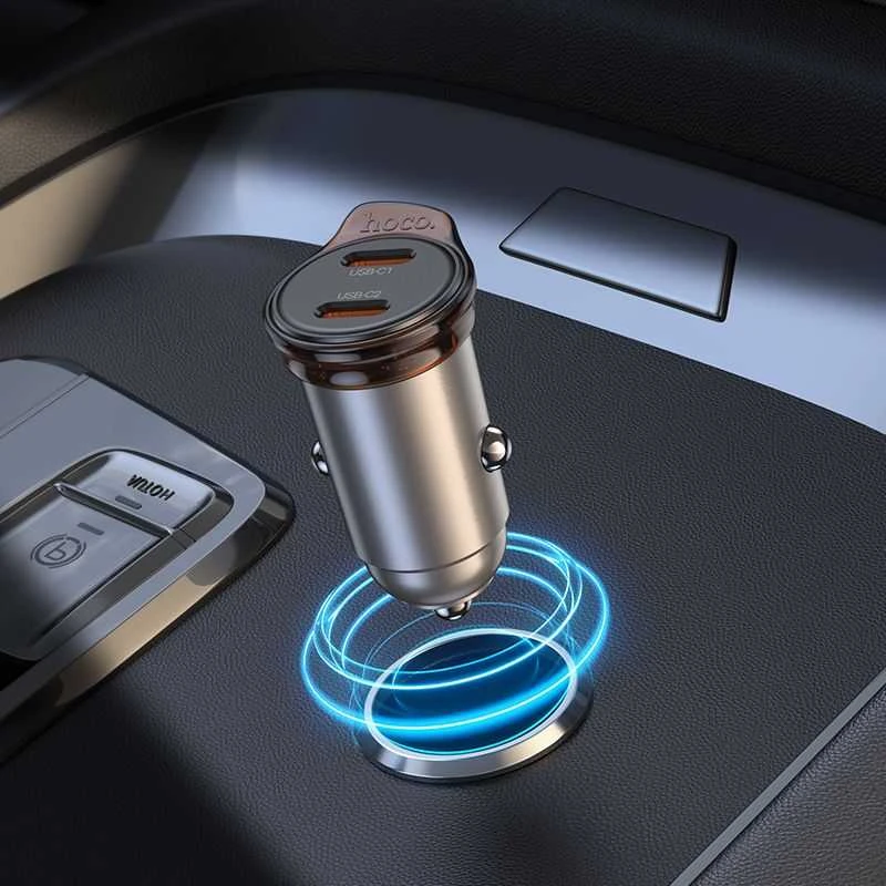 Automobilinis įkroviklis Hoco 2 x USB C QC PD 45W + laidas USB C į Lightning NZ16B metalinis pilkas