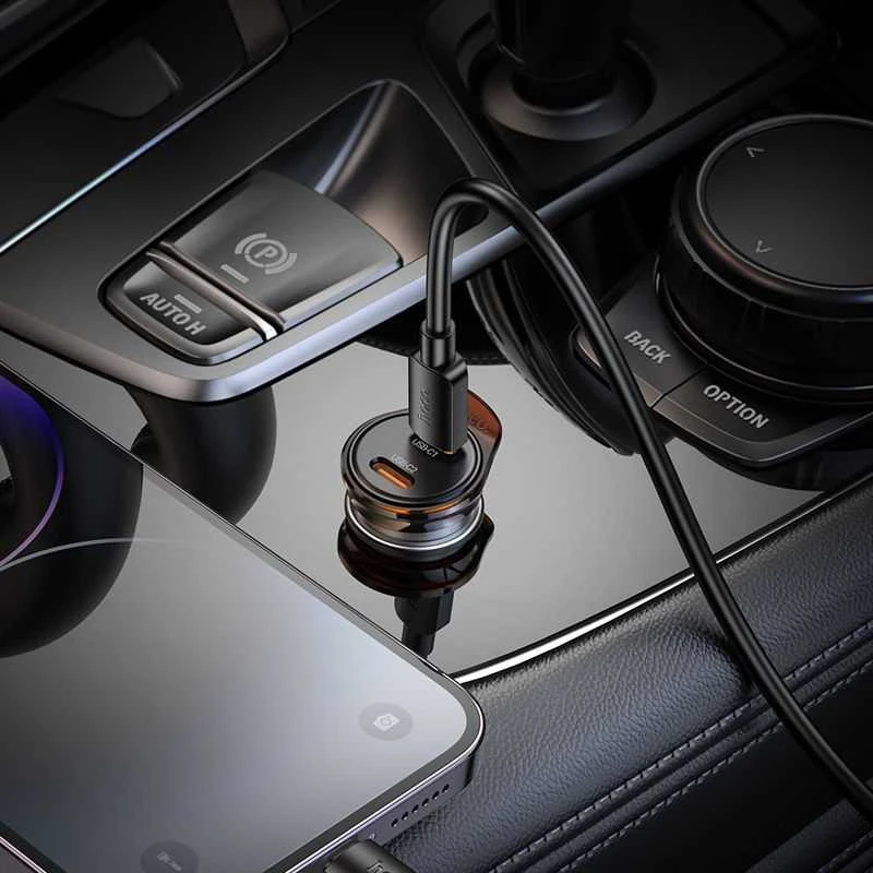 Automobilinis įkroviklis Hoco 2 x USB C QC PD 45W + laidas USB C į Lightning NZ16B metalinis pilkas