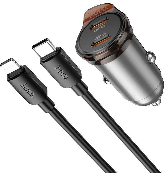 Automobilinis įkroviklis Hoco 2 x USB C QC PD 45W + laidas USB C į Lightning NZ16B metalinis pilkas