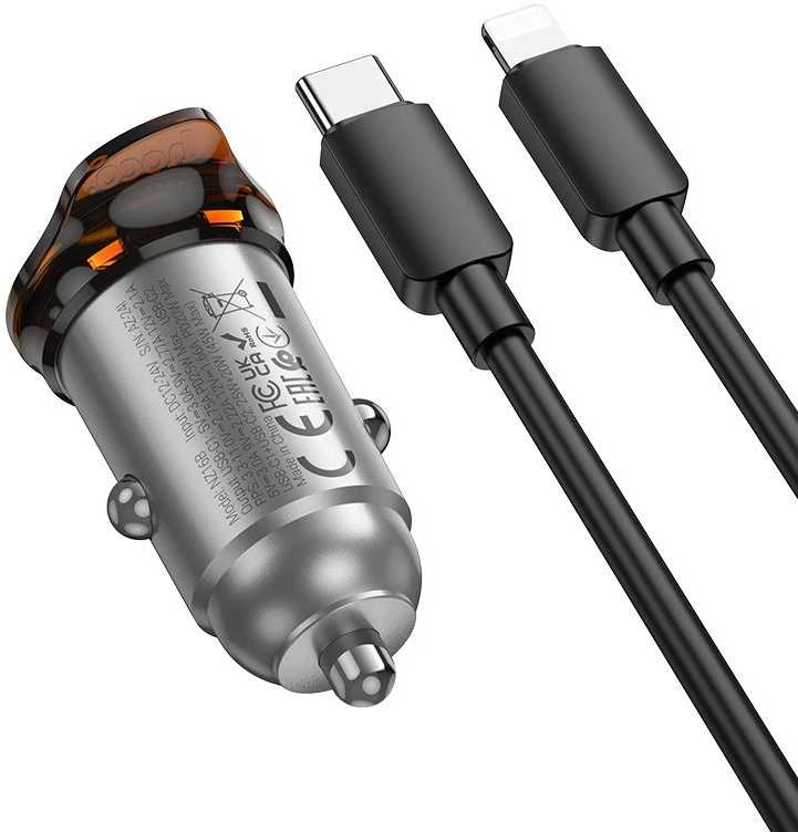 Automobilinis įkroviklis Hoco 2 x USB C QC PD 45W + laidas USB C į Lightning NZ16B metalinis pilkas