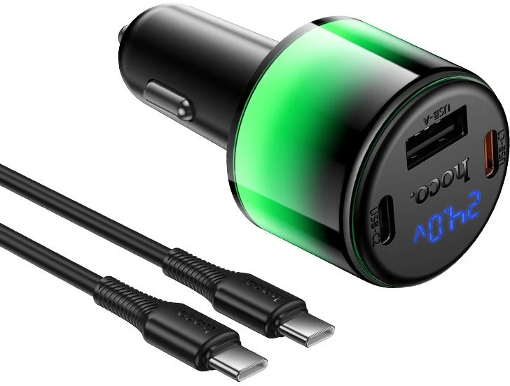 Car charger Hoco USB A + 2xUSB C PD QC3.0 37W + cable USB C to C Z69A juodas
