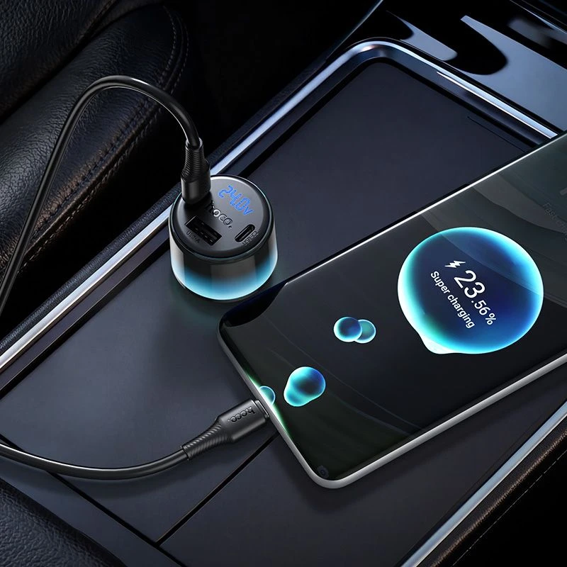 Car charger Hoco USB A + 2xUSB C PD QC3.0 37W + cable USB C to C Z69A juodas
