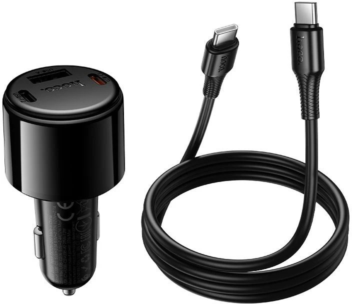 Car charger Hoco USB A + 2xUSB C PD QC3.0 37W + cable USB C to C Z69A juodas