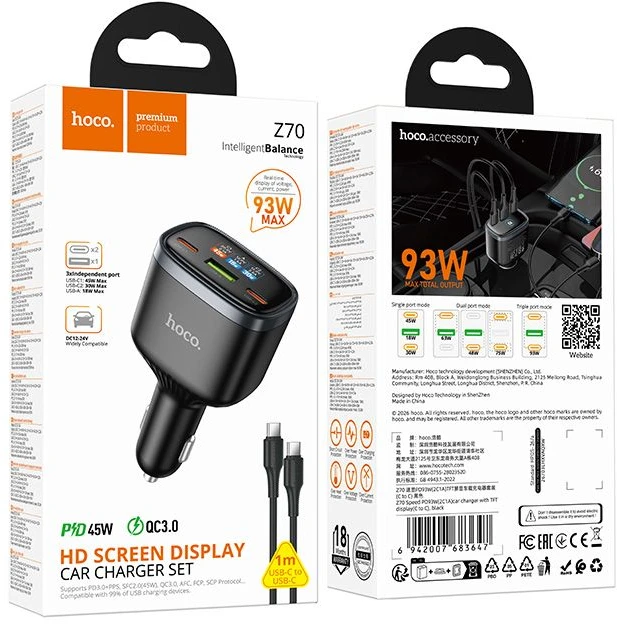 Automobilinis įkroviklis Hoco USB A + 2xUSB C PD QC3.0 93W su USB C į C kabeliu Z70 juodas