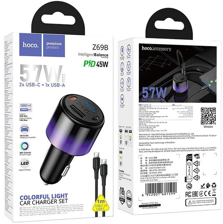Automobilinis įkroviklis Hoco USB A + 2xUSB C PD QC3.0 57W su USB C į C kabeliu Z69B juodas