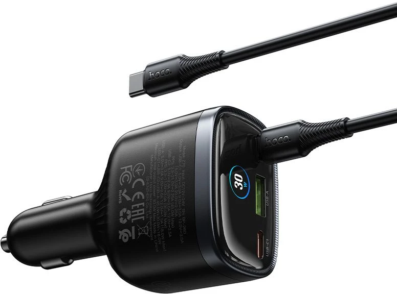 Automobilinis įkroviklis Hoco USB A + 2xUSB C PD QC3.0 93W su USB C į C kabeliu Z70 juodas