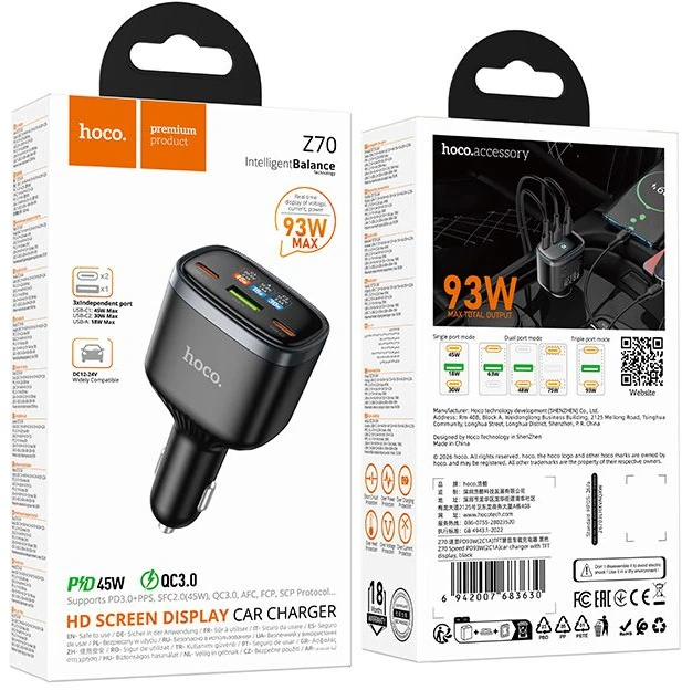 Car charger Hoco USB A + 2xUSB C PD QC3.0 93W Z70 juodas