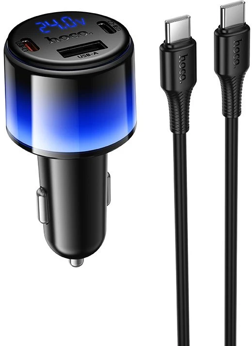 Car charger Hoco USB A + 2xUSB C PD QC3.0 37W + cable USB C to C Z69A juodas