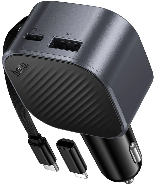 Automobilinis įkroviklis Hoco USB A + USB C PD QC3.0 45W su ištraukiamu kabeliu USB C Z68 juodas