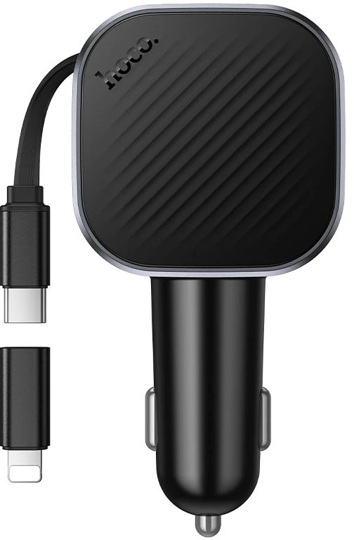 Automobilinis įkroviklis Hoco USB A + USB C PD QC3.0 45W su ištraukiamu kabeliu USB C Z68 juodas