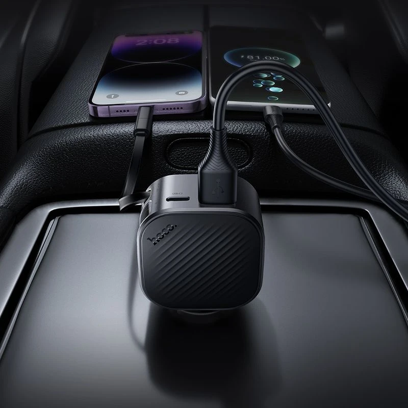 Automobilinis įkroviklis Hoco USB A + USB C PD QC3.0 45W su ištraukiamu kabeliu USB C Z68 juodas