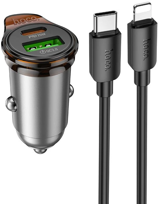 Automobilinis įkroviklis Hoco USB A + USB C QC3.0 PD 3A 43W + laidas USB C - Lightning NZ16A metalinis pilkas